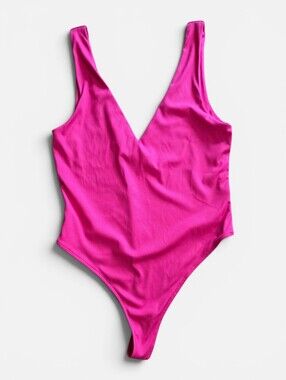 House Of Harlow 1960 Casual Contour Deep V Ribbed Bodysuit Pink Size Large
